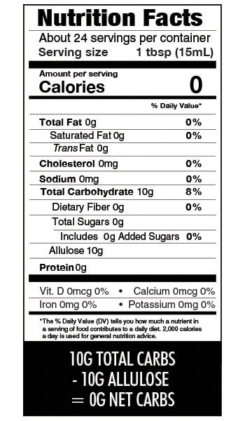 Liquid allulose nutrition fact panel.