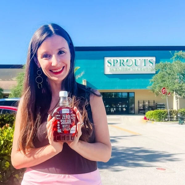 Maya with zero sugar maple syrup at Sprouts.